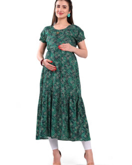 M5M Maternity Feeding Green Cotton Rayon Kurti with Zippers | Maternity Dress in Breathable Fabric for Pre and Post Pregnancy & Nursing for Mom