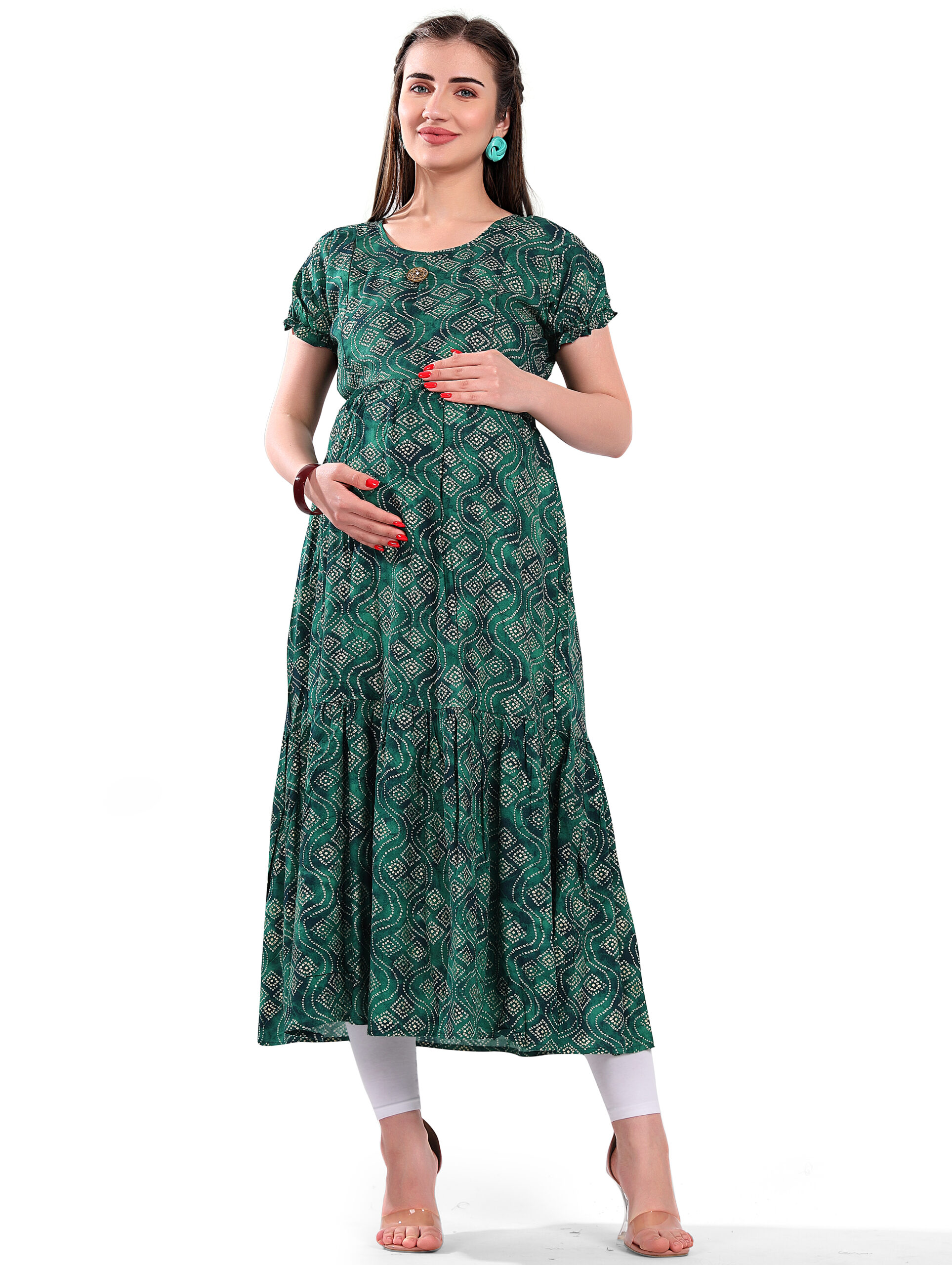 Maternity Dresses : Pickle Green Nursing Dress with Belt