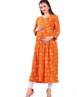 M5M Mustard Cotton Rayon A-Line Flaired Maternity Feeding Kurti for Women with Zippers | Maternity Dress in Breathable Fabric for Pre and Post Pregnancy & Nursing for Mom