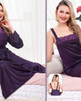 M5M 2 Piece Night Dress with Robe in Dark Purple Satin